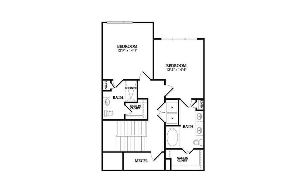The Royalton second floor - 2-bedroom floorplan layout with 2.5 baths and 1635 square feet
